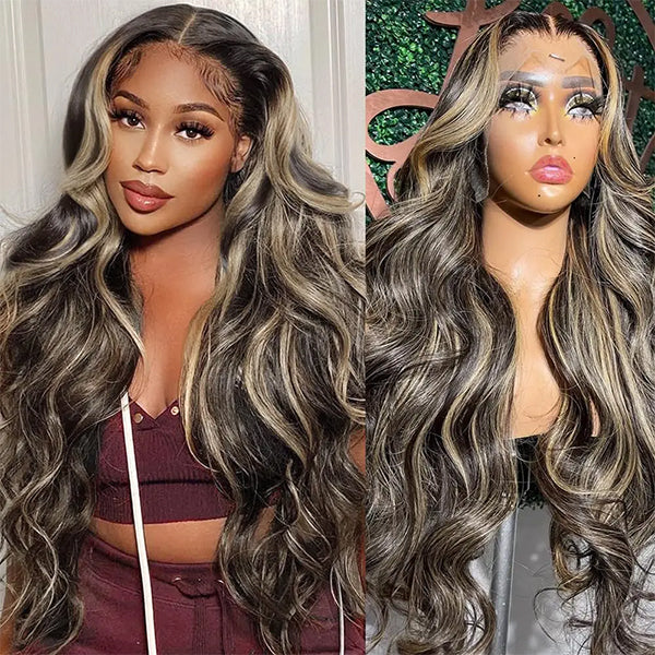 Lolly 1B 27 Balayage Highlight 13x4 Glueless HD Lace Front Wig Body Wave Straight Pre Plucked Colored Human Hair Wigs