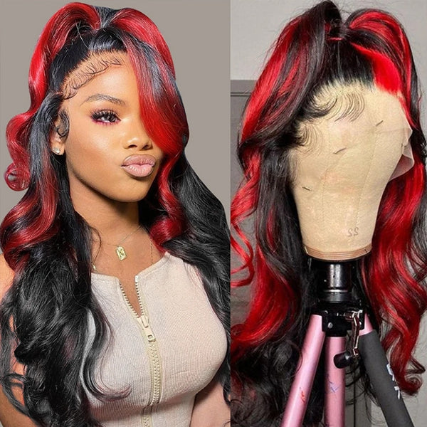 Lolly 1B Red Highlight Glueless Wigs Body Wave 13x4 HD Lace Front Wig Skunk Stripe Ombre Colored Human Hair Wigs