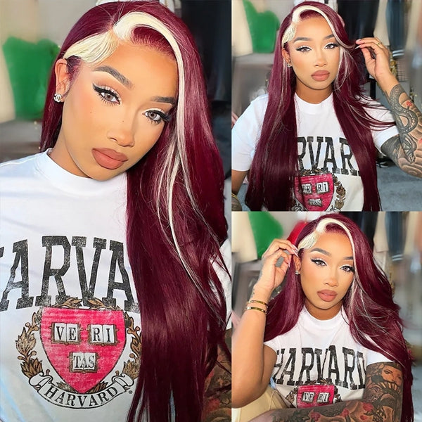 Lolly 99J Burgundy Red With 613 Blonde Glueless Wigs Straight 13x4 HD Lace Front Wigs Skunk Stripe Colored Human Hair Wigs