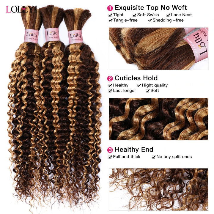 Lolly P4/27 Highlight Bulk Human Hair For Braiding  Deep Wave Hair Extensions No Weft Colored Remy Human Hair Bulk Hair Bundles For Braiding