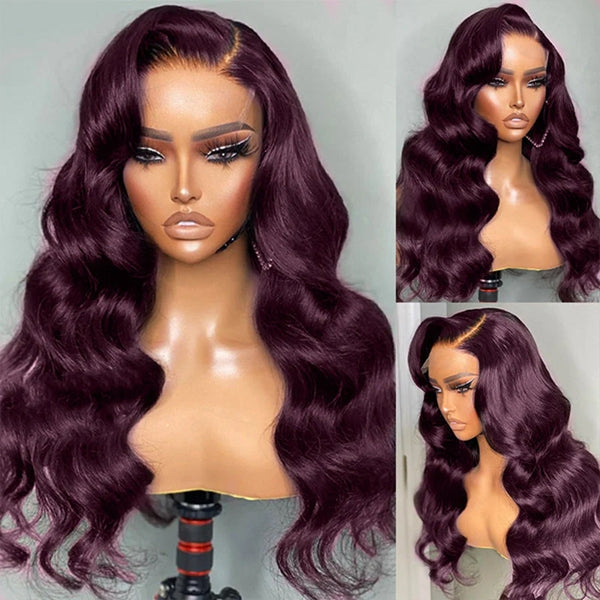 Lolly Dark Purple Plum Colored Human Hair Wigs Pre Plucked Body Wave 13x4 HD Lace Frontal Wig