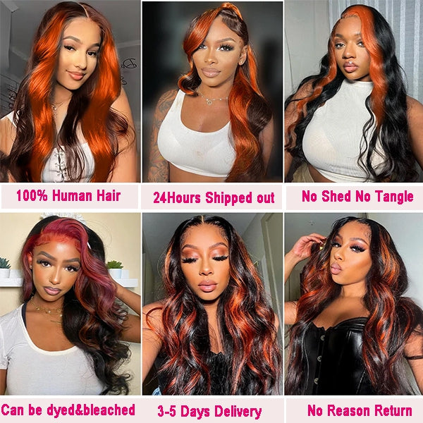Lolly Ginger 13x4 HD Lace Front Wigs Glueless Wear Go Human Hair Wigs Ginger Colored Highlight Pre Plucked Body Wave Lace Frontal Wig