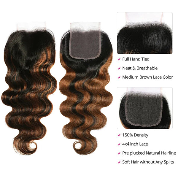 Lolly Hair Highlight Lace Closure FB30 Body Wave Human Hair Closure 4x4 5x5 Inch Swiss Lace Honey Blonde Closure