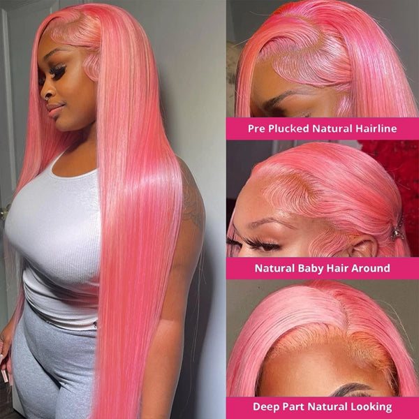 Lolly Hot Pink Lace Front Wigs 13x4 HD Transparent Straight Lace Frontal Wig For Women Glueless Colored Human Hair Wigs