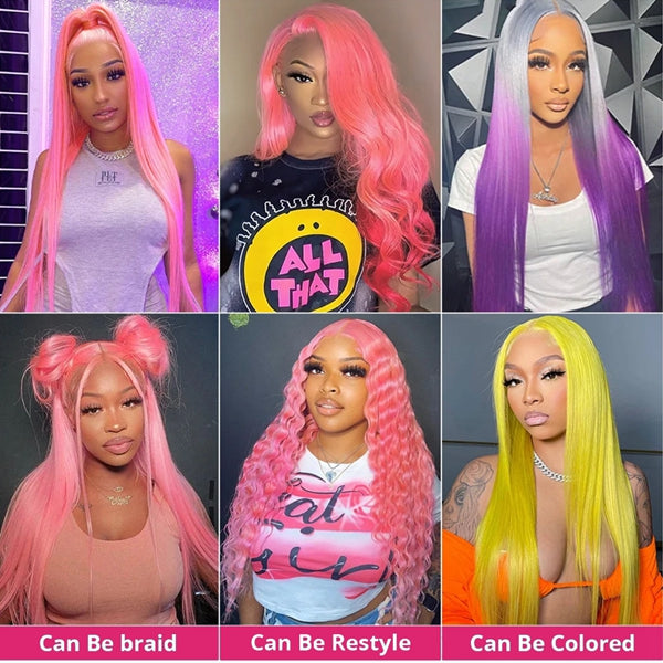 Lolly Hot Pink Lace Front Wigs 13x4 HD Transparent Straight Lace Frontal Wig For Women Glueless Colored Human Hair Wigs