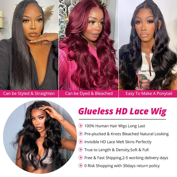 Ship In 24 Hours- Lolly Body Wave 13x4 Ready to Wear Glueless Lace Front Wigs Tiny Knots Pre Plucked Pre Cut Lace Frontal Human Hair Wigs Flash Sale