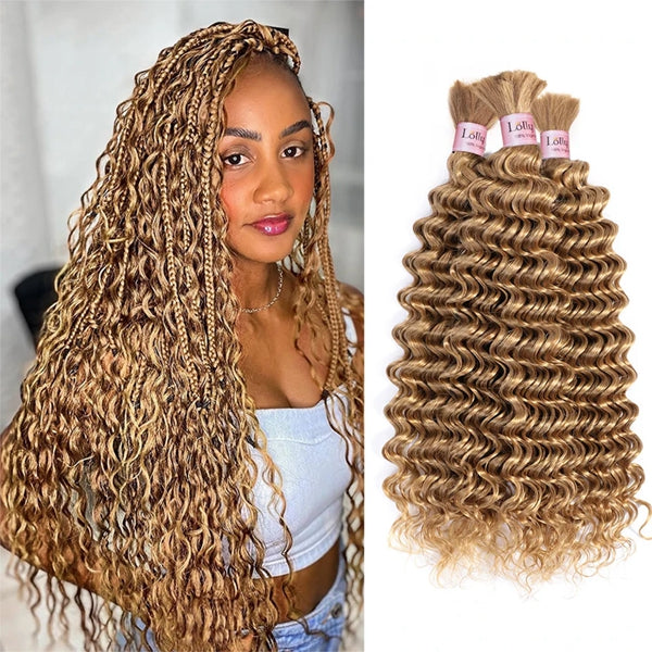 Lolly 27# Honey Blonde Bulk For Braiding Brazilian Deep Wave Bulk Human Hair 1 3 4 Piece Colored Remy Hair Extensions For Women