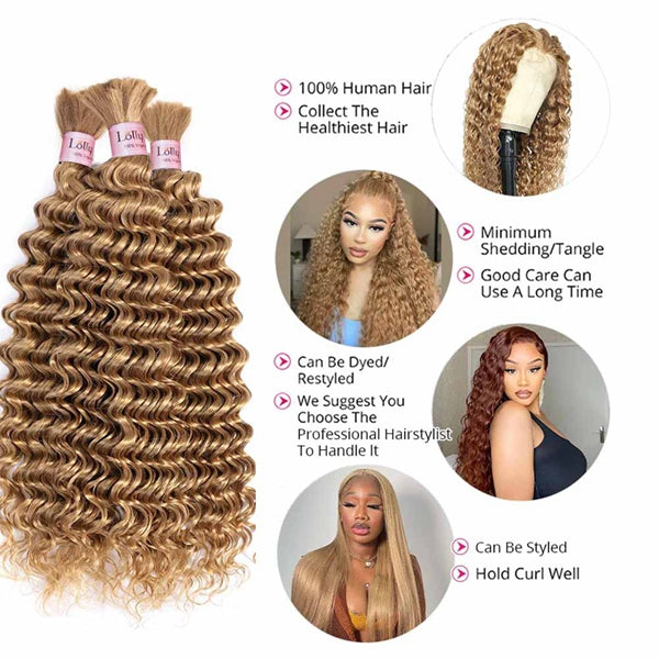 Lolly 27# Honey Blonde Bulk For Braiding Brazilian Deep Wave Bulk Human Hair 1 3 4 Piece Colored Remy Hair Extensions For Women