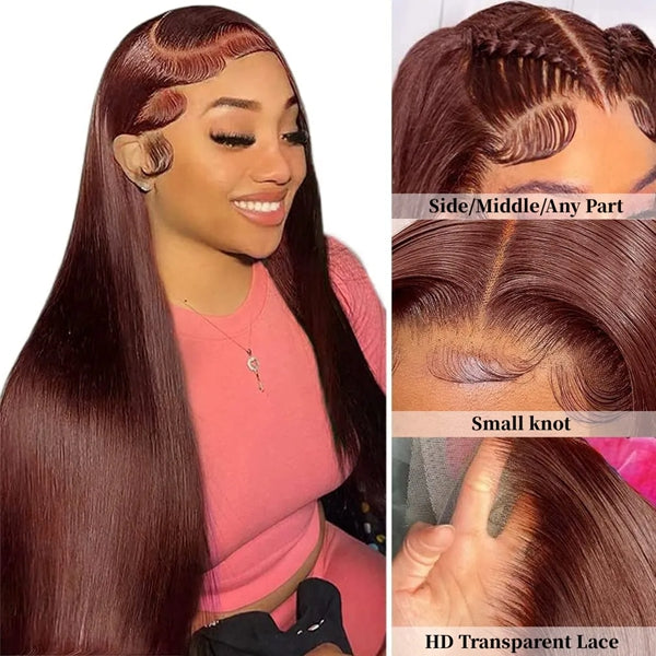Lolly Reddish Brown Wear Go Glueless Human Hair Pre Plucked Dark Red Brown Bone Straight 13x4 HD Lace frontal Wig