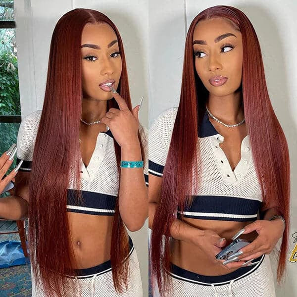 Lolly Reddish Brown Wear Go Glueless Human Hair Pre Plucked Dark Red Brown Bone Straight 13x4 HD Lace frontal Wig