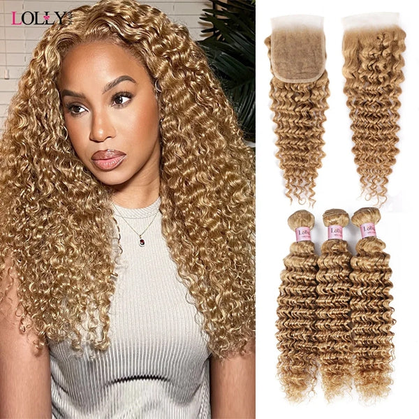 Lolly #27 Deep Wave Bundles with Closure Honey Blonde Colored Human Hair Extensions Brazilian Hair Weave Bundles with 4x4 Lace Closure