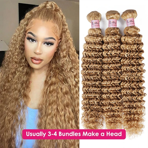 Lolly #27 Deep Wave Bundles with Closure Honey Blonde Colored Human Hair Extensions Brazilian Hair Weave Bundles with 4x4 Lace Closure