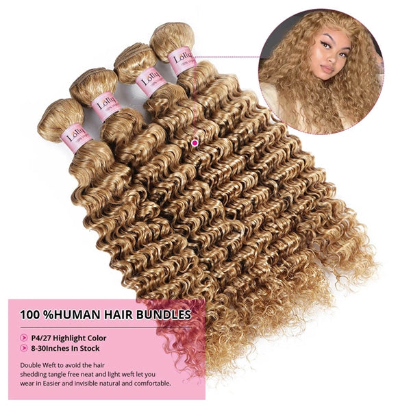 Lolly #27 Honey Blonde Bundles Deep Wave Hair Bundles Brazilian Hair Weave Human Hair Bundles Deep Wave Hair Bundles 3/4 Bundles