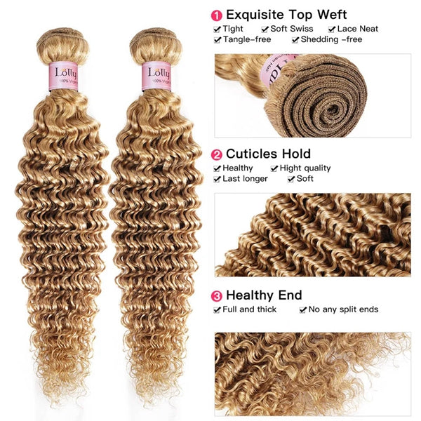 Lolly #27 Honey Blonde Bundles Deep Wave Hair Bundles Brazilian Hair Weave Human Hair Bundles Deep Wave Hair Bundles 3/4 Bundles