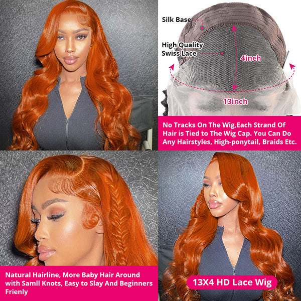 Ginger Orange Glueless Lace Front Wig Body Wave Colored Wigs 13x4 HD Lace Front Human Hair Wigs