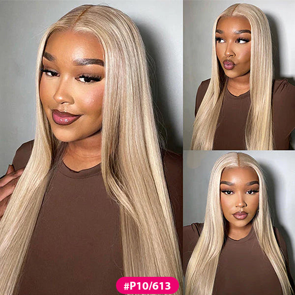 P10/613 Glossy Honey Blonde With Highlight Human Hair Wigs Straight & Body Wave 13x4 HD Lace Front Wigs
