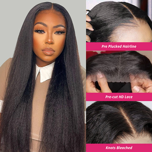 Pre-Bleached Knots 13x6 PPB Wear Go Glueless Yaki Straight Lace Front Wig Pre-plucked Human Hair Wigs