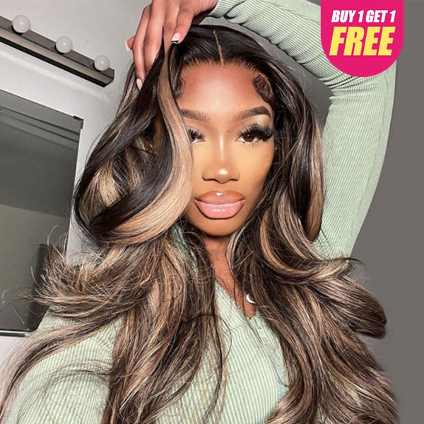 Lolly Bogo Free 13x4 Body Wave Balayage Highlight Transparent Lace Front Wig #1b 27 Colored Human Hair Wigs Flash Sale