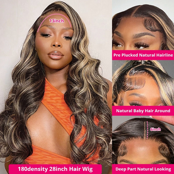 Pre Plucked Wear Go Glueless 13x4 HD Lace Front Peek A Boo Blonde Highlights Body Wave Pre-cut Lace Human Hair Wigs