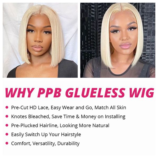 Pre-plucked 13x4 PPB Wear Go Glueless Bob Wigs 613 Blonde Straight HD Lace Front Wig