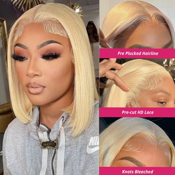 Pre-plucked 13x4 PPB Wear Go Glueless Bob Wigs 613 Blonde Straight HD Lace Front Wig