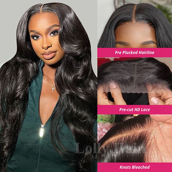 Lolly Glueless 13x4 Wear Go HD Lace Front Wigs Pre Plucked Bleached Knots Pre Cut Body Wave Human Hair Wigs
