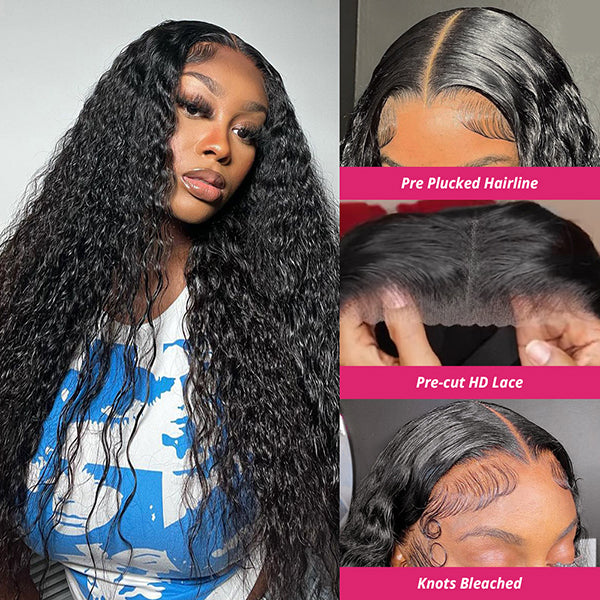 Lolly Bleached Knots13x6 HD Invisible Wear Go Gluless Wigs Water Wave Pre Plucked HD Lace Front Human Hair Wigs