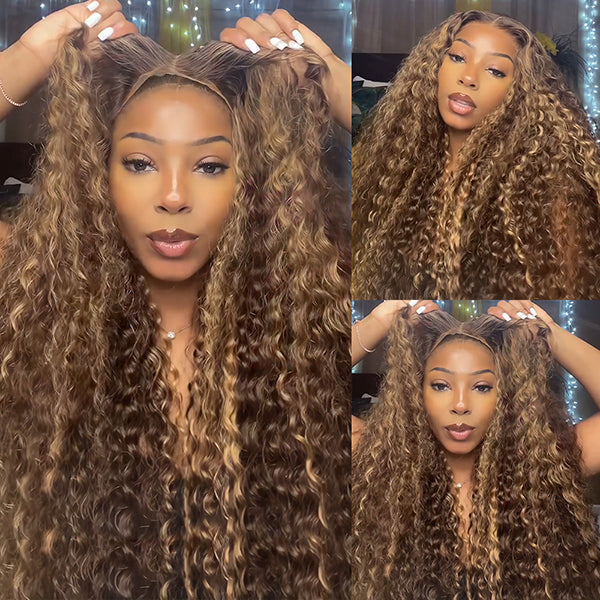 Pre-plucked Bleached Scalp Knots 13x4 PPB Wear Go Glueless Wigs Highlight Brown Deep Wave Lace Front Wigs