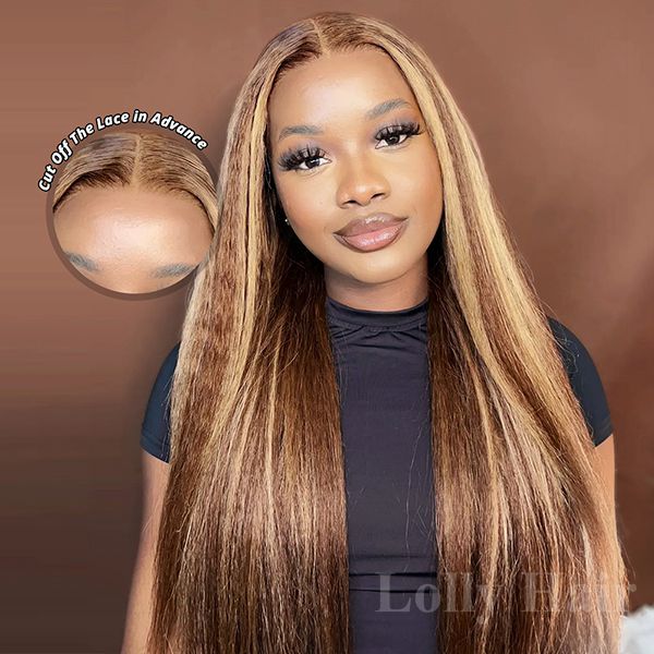 Pre-plucked Highlight Brown Kinky Straight PPB Wear Go Human Hair Wigs 5x5 Glueless HD Pre-cut Bleached Knots Lace Wig