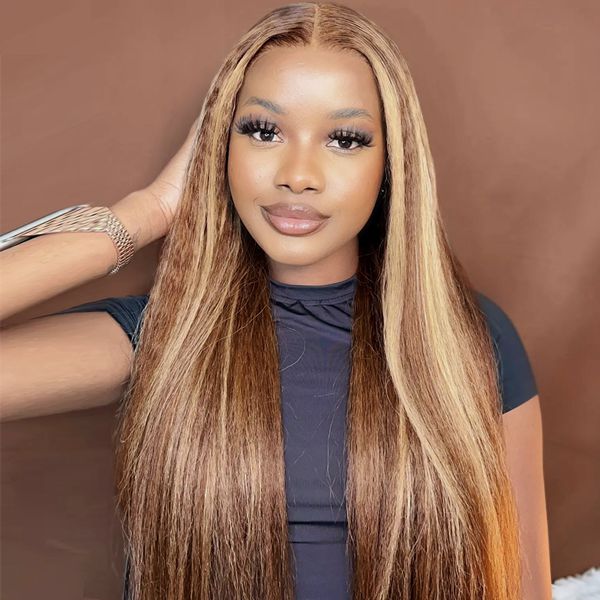 Pre-plucked Highlight Brown Kinky Straight PPB Wear Go Human Hair Wigs 5x5 Glueless HD Pre-cut Bleached Knots Lace Wig