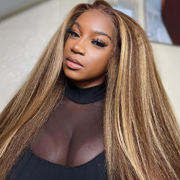 Pre-plucked Highlight Brown 13x4 PPB Wear Go Glueless Wigs Yaki Straight HD Bleached Knots Lace Front Wig