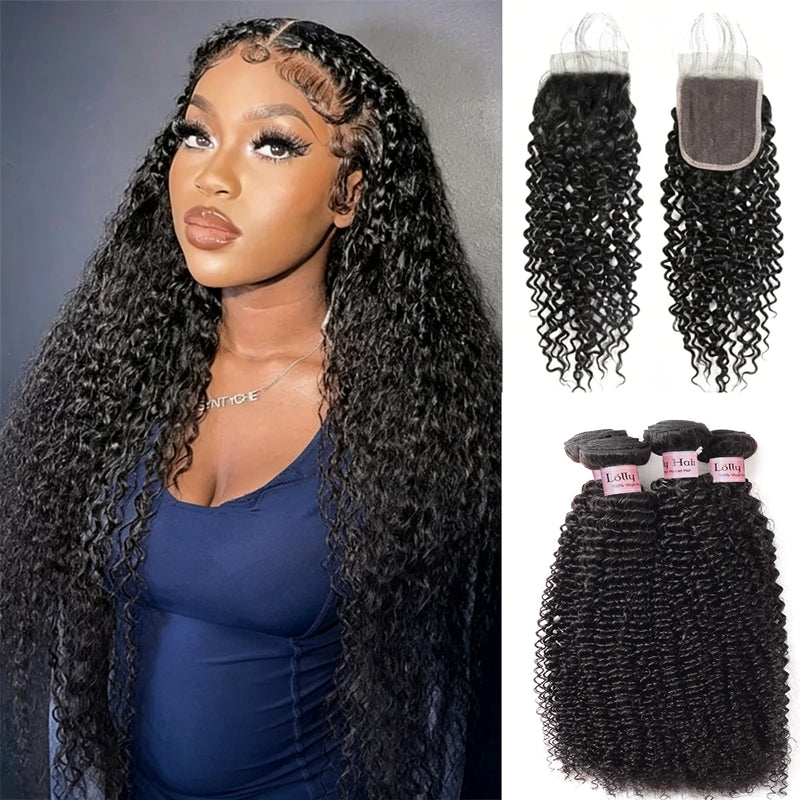 Lolly Kinky Curly Human Hair Extensions 4 Bundles with Lace