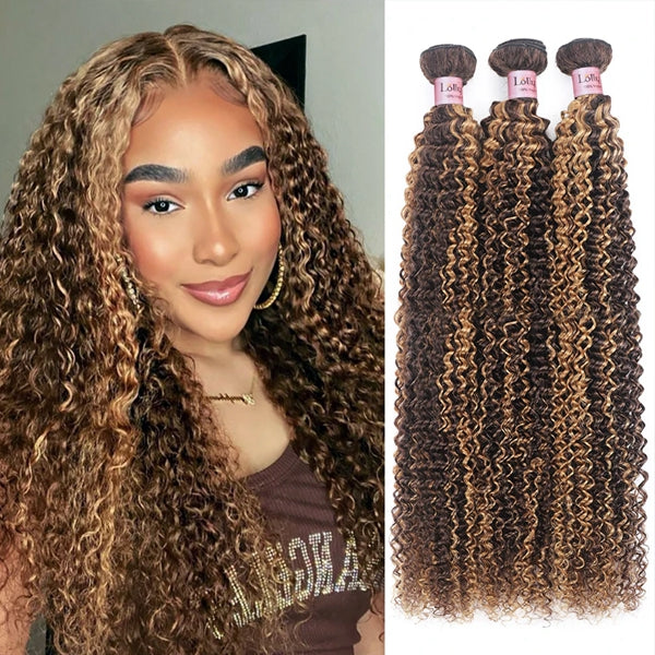 Lolly Highlight Kinky Curly Hair Bundles Deal 4 Bundles Brazilian P4/27 Colored Human Hair Weave Extensions