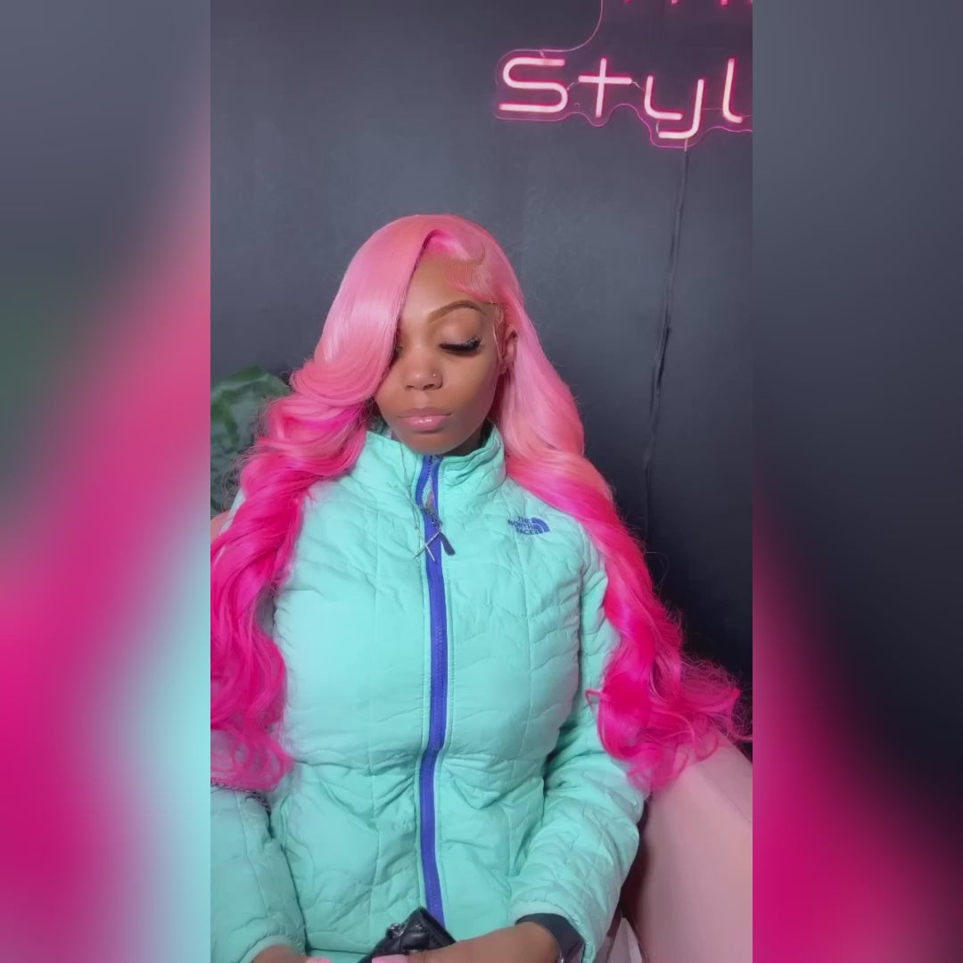 Lolly Hair Ombre Pink Lace Front Wigs Pre Plucked Body Wave / Straight 30 inch Rose Pink Human Virgin Hair Wigs
