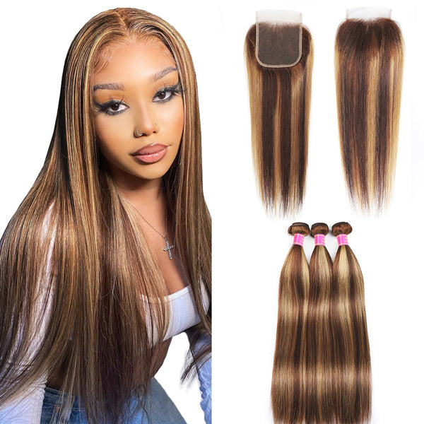 Highlight Ombre Bundles with Lace Closure Brazilian Hair Bone Straight Bundles with Closure - LollyHair