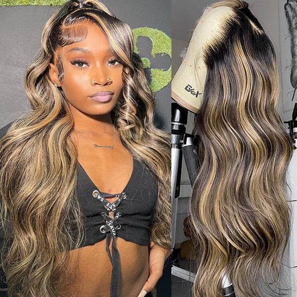 Lolly Balayage Highlight Colored Wig Glueless Body Wave Human Hair Wigs 13x4 HD Lace Front Wigs 1B/27