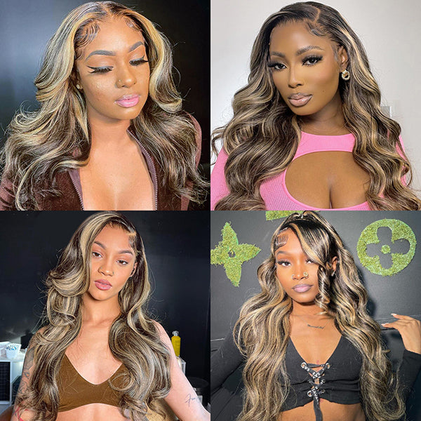 Lolly 1B 27 Balayage Highlight 13x4 Glueless HD Lace Front Wig Body Wave Straight Pre Plucked Colored Human Hair Wigs