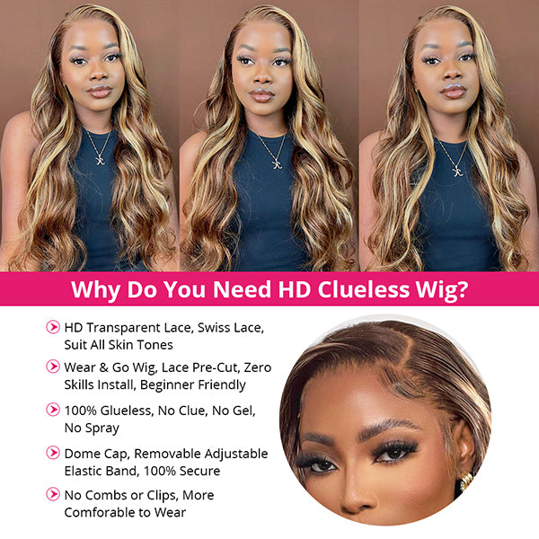 P4/27 Highlight Wear Go Wigs Body Wave 5x5 HD Lace Closure Wig Glueless Human Hair Wigs Pre Cut Lace Front Wigs