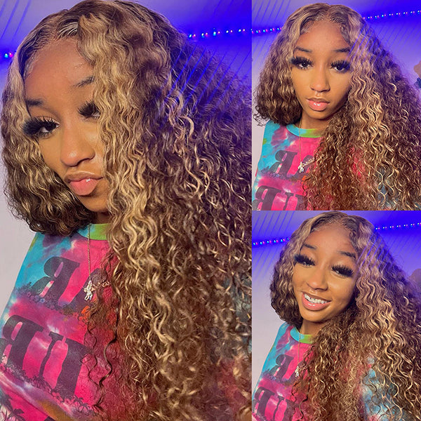 Lolly Highlighted Deep Wave Wig 13x4 Lace Front Wigs Honey Blonde Deep Curly Human Hair Wigs P4/27