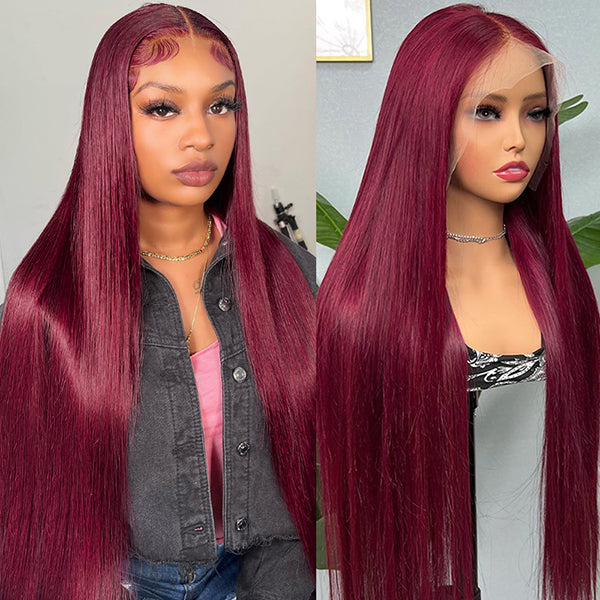 Burgundy 99J 13x4 HD Lace Front Wig Brazilian Straight Colored Human H ...