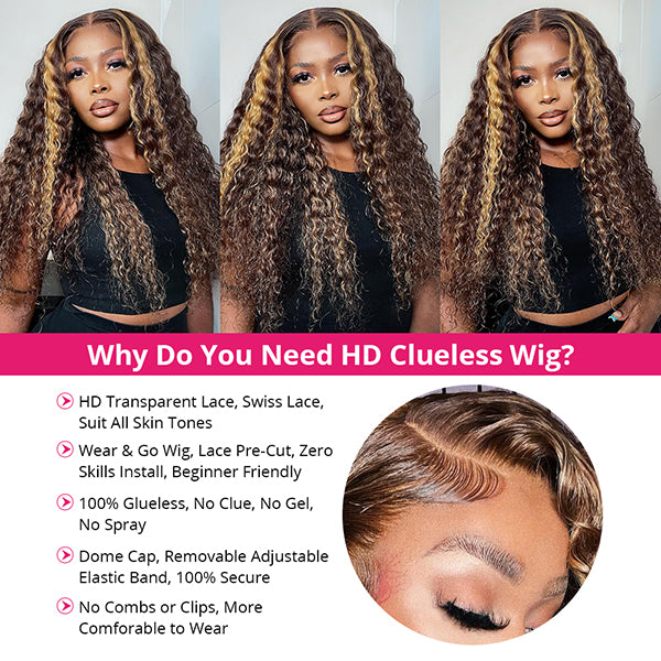 Wear and Go Glueless Wigs Deep Wave P4/27 Highlight 5x5 HD Lace Closure Human Hair Wigs