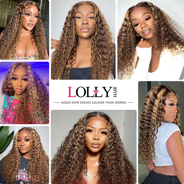 Lolly Highlighted Deep Wave Wig 13x4 Lace Front Wigs Honey Blonde Deep Curly Human Hair Wigs P4/27