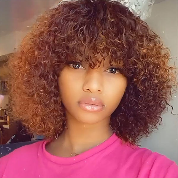 Jerry Curly Human Hair Wigs with Bangs Machine Made Highlight Honey Blonde Colored Wigs - LollyHair
