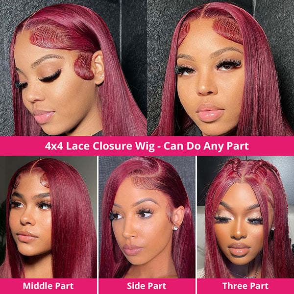 Burgundy 99J Straight Colored Human Hair Wigs 4x4 HD Lace Closure Wig Pre Plucked