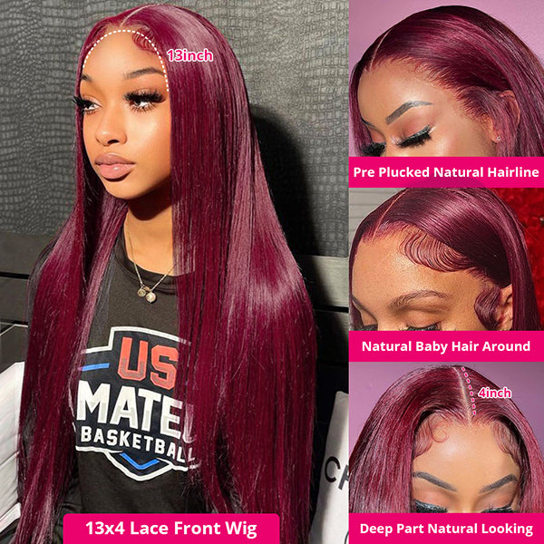 Burgundy 99J 13x4 HD Lace Front Wig Brazilian Straight Colored Human Hair Wigs For Women