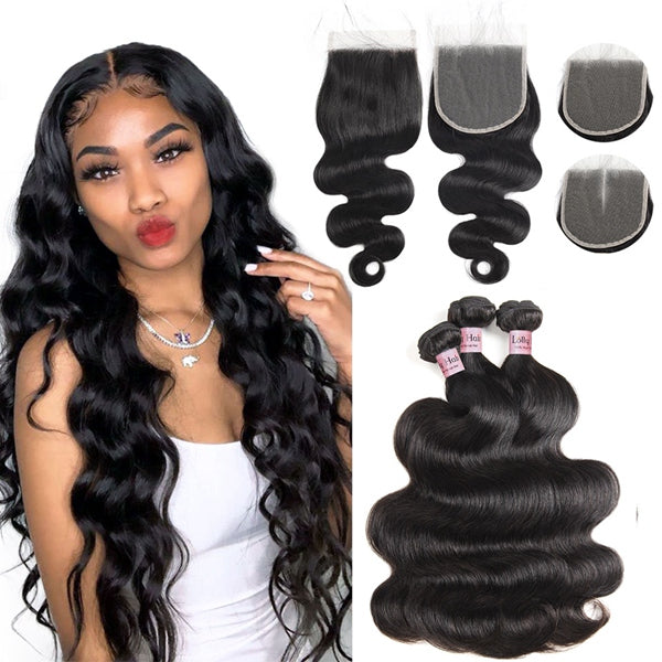 Brazilian Hair Body Wave 3 Bundles with Lace Closure Affordable Remy Human Hair - LollyHair