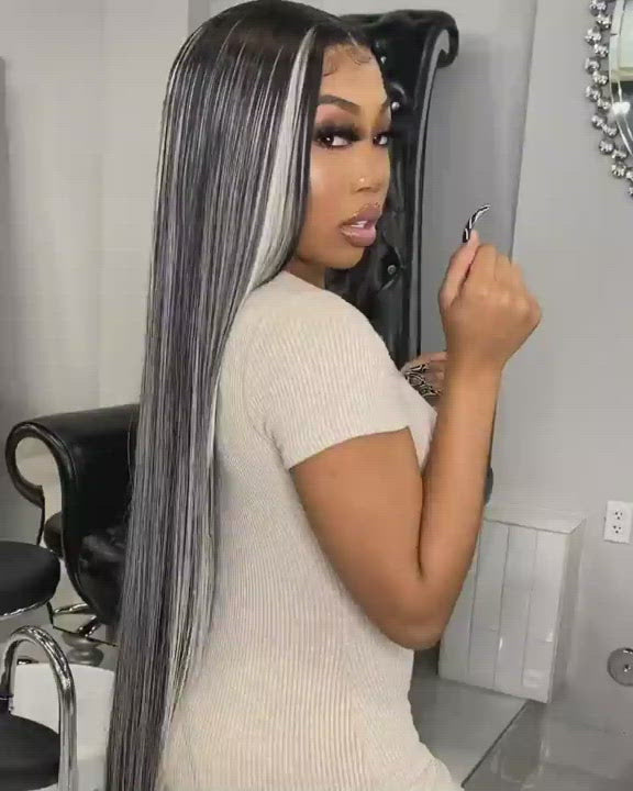 Black Hair with Grey Highlights Wig 30 inch Transparent Straight Lace Closure Wigs