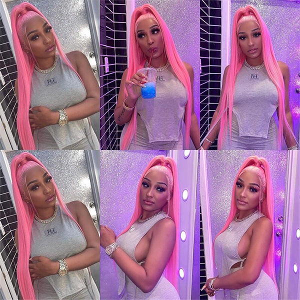 13x4 Pink Lace Front Wig 180% Density 30 Inch Straight Colored Human Hair Wigs