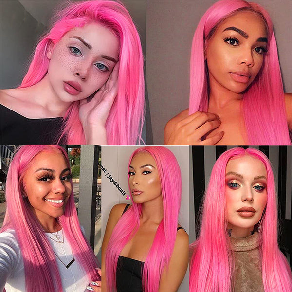 13x4 Pink Lace Front Wig 180% Density 30 Inch Straight Colored Human Hair Wigs