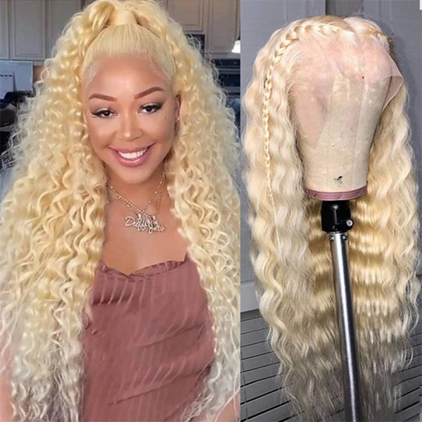 13x6 Deep Wave Honey Blonde Color Lace Front Human Hair Wigs for Women 613 Transparent Brazilian Remy Wig